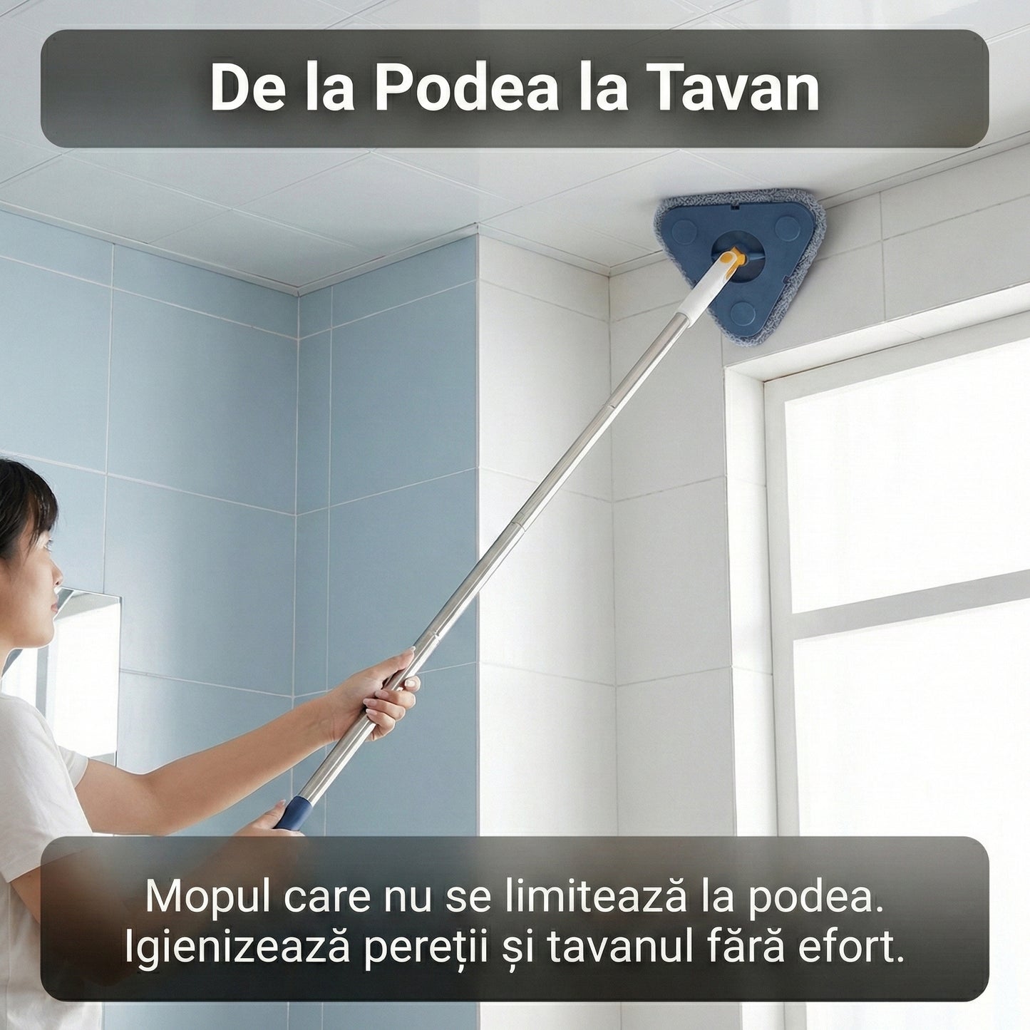 Mop Triunghiular Multifuncțional cu Cap Rotativ 360°, Microfibră, Mâner Extensibil din Oțel Inoxidabil, Sistem de Stoarcere Integrat, Albastru