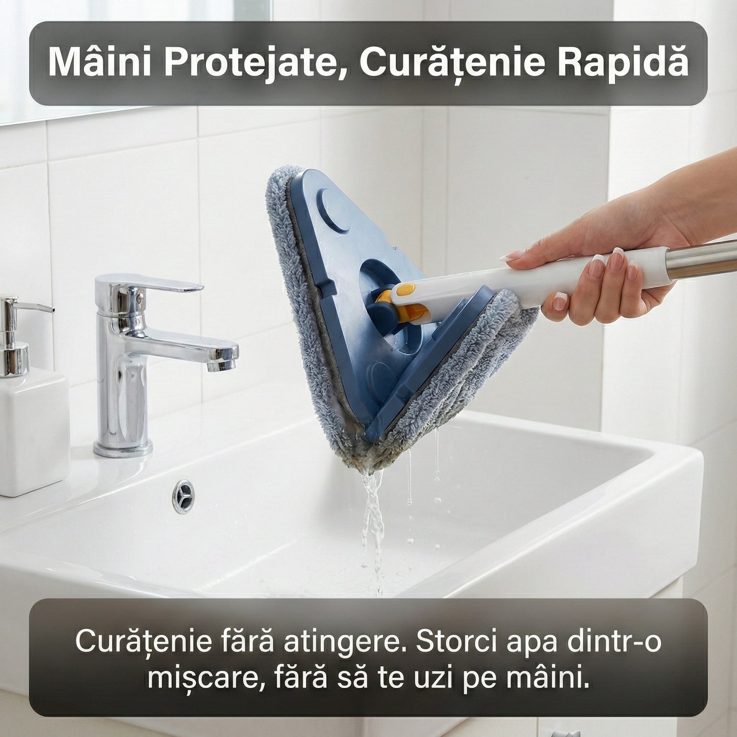 Mop Triunghiular Multifuncțional cu Cap Rotativ 360°, Microfibră, Mâner Extensibil din Oțel Inoxidabil, Sistem de Stoarcere Integrat, Albastru