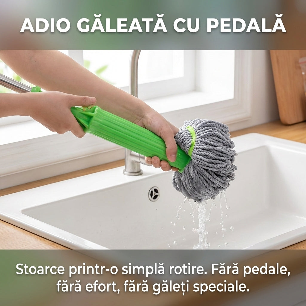 Mop Uriaș cu Stoarcere Automată 360°, Microfibră Ultraabsorbantă, Sistem Fără Găleată, Mâner Telescopic, Verde