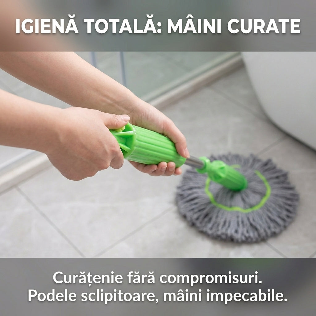Mop Uriaș cu Stoarcere Automată 360°, Microfibră Ultraabsorbantă, Sistem Fără Găleată, Mâner Telescopic, Verde