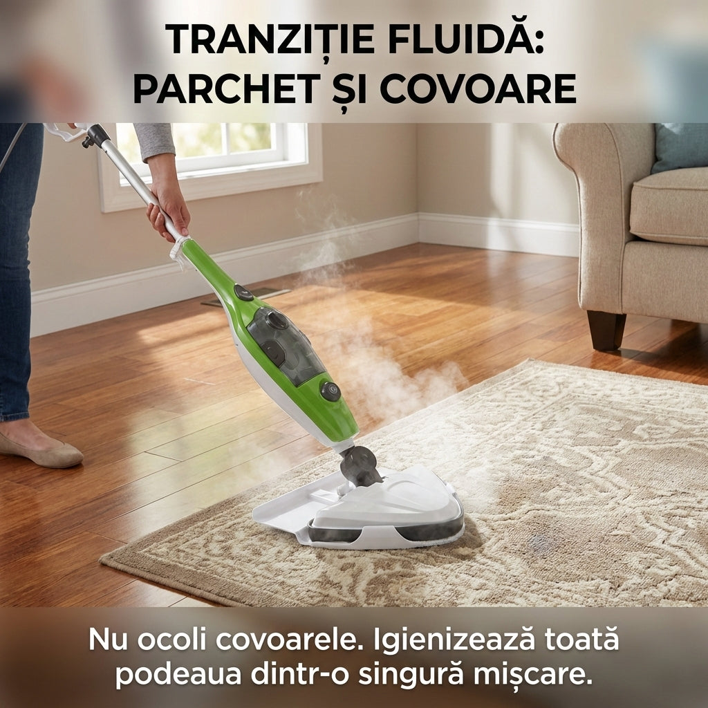 Mop cu Aburi H2O X10 Multifuncțional 10-în-1, 1300W, Dezinfectare Ecologică, Rezervor 400ml, Accesorii Incluse, Verde