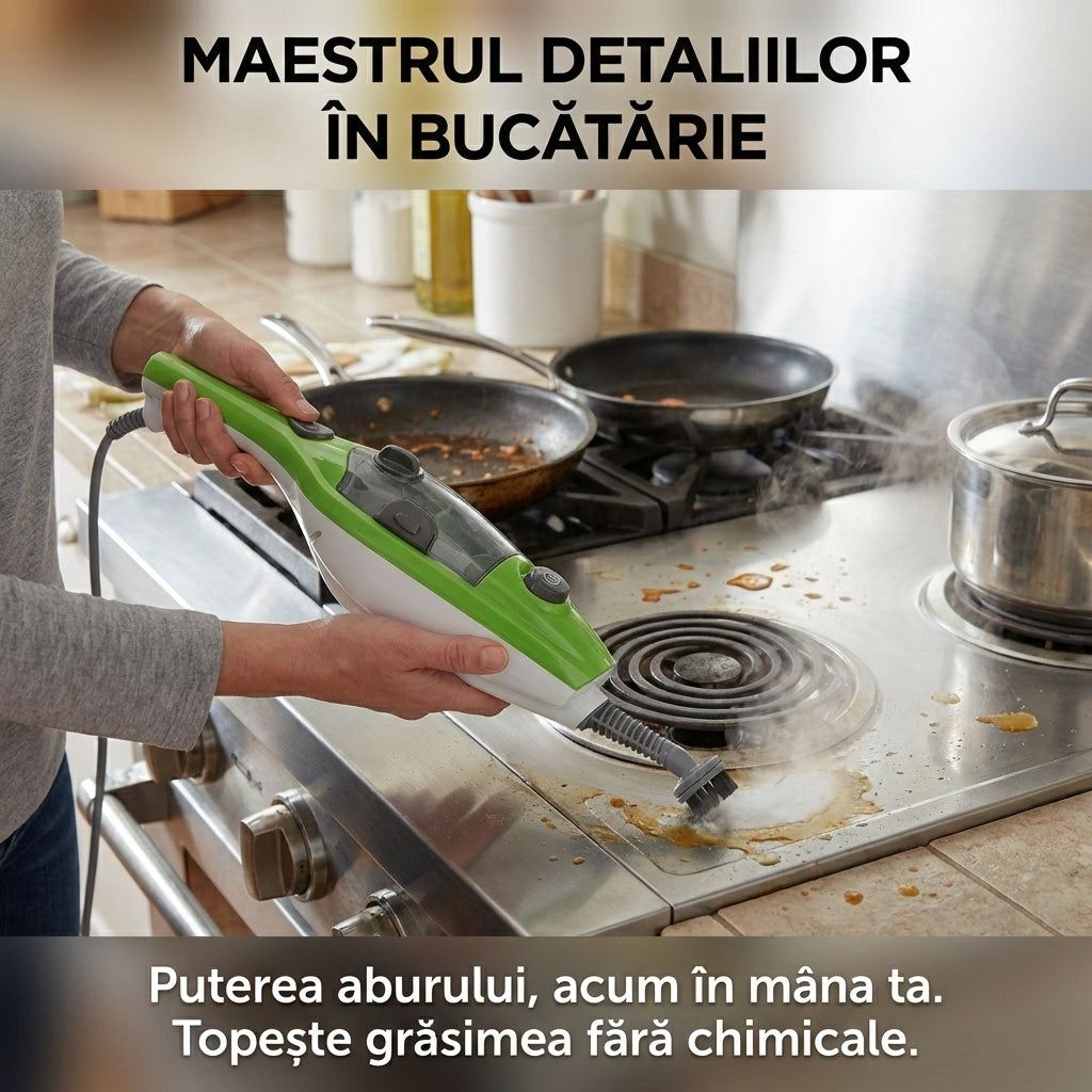 Mop cu Aburi H2O X10 Multifuncțional 10-în-1, 1300W, Dezinfectare Ecologică, Rezervor 400ml, Accesorii Incluse, Verde