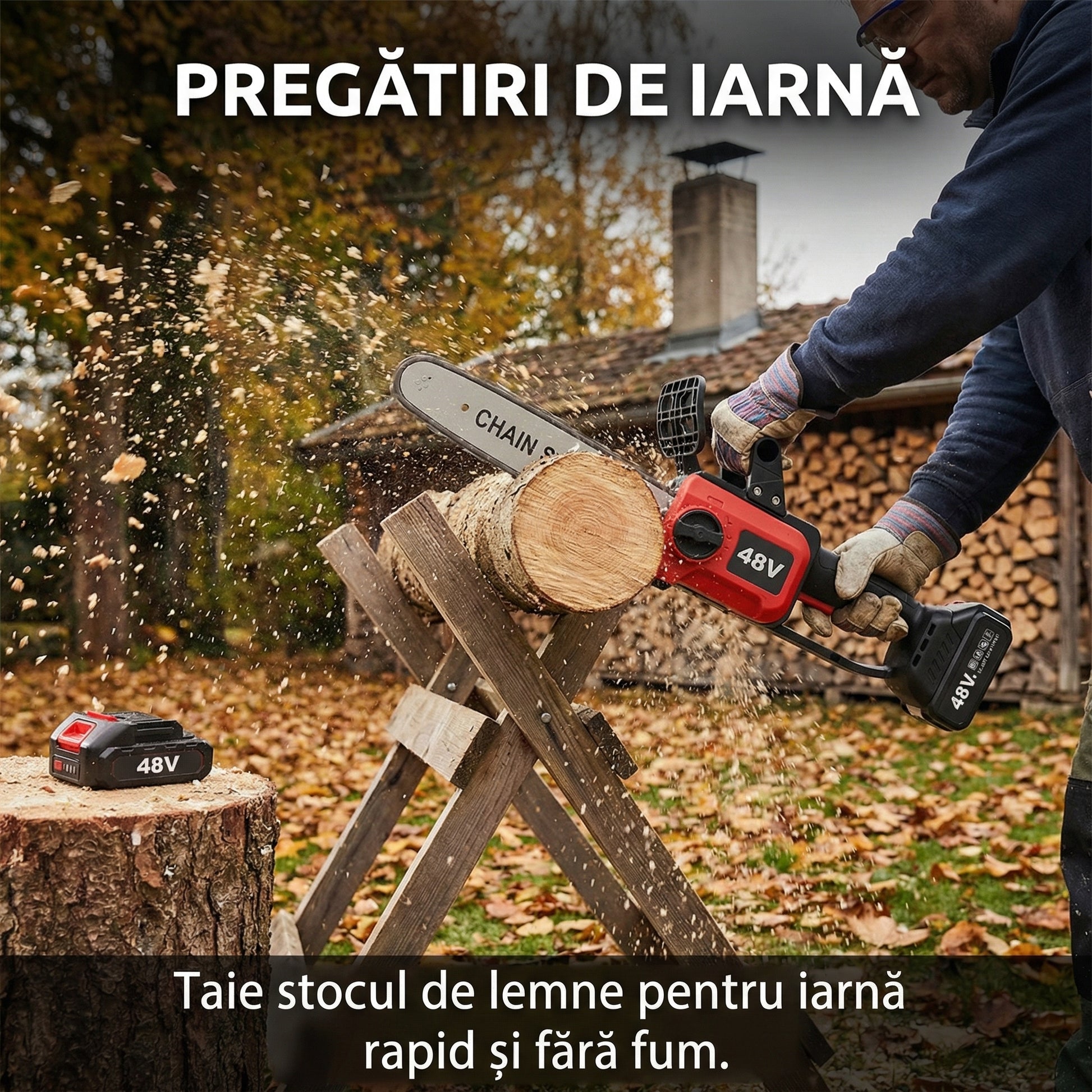 Motofierăstrău Electric 1200W cu 2 Acumulatori 48V - Lamă 30cm, Viteză 4200RPM