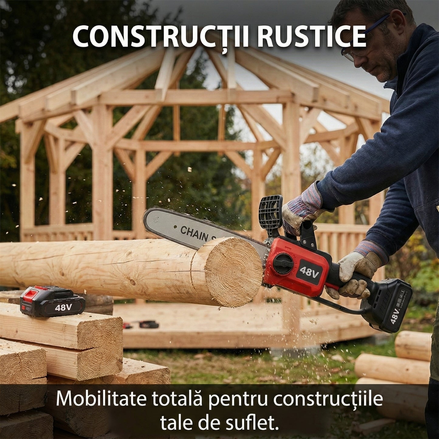 Motofierăstrău Electric 1200W cu 2 Acumulatori 48V - Lamă 30cm, Viteză 4200RPM