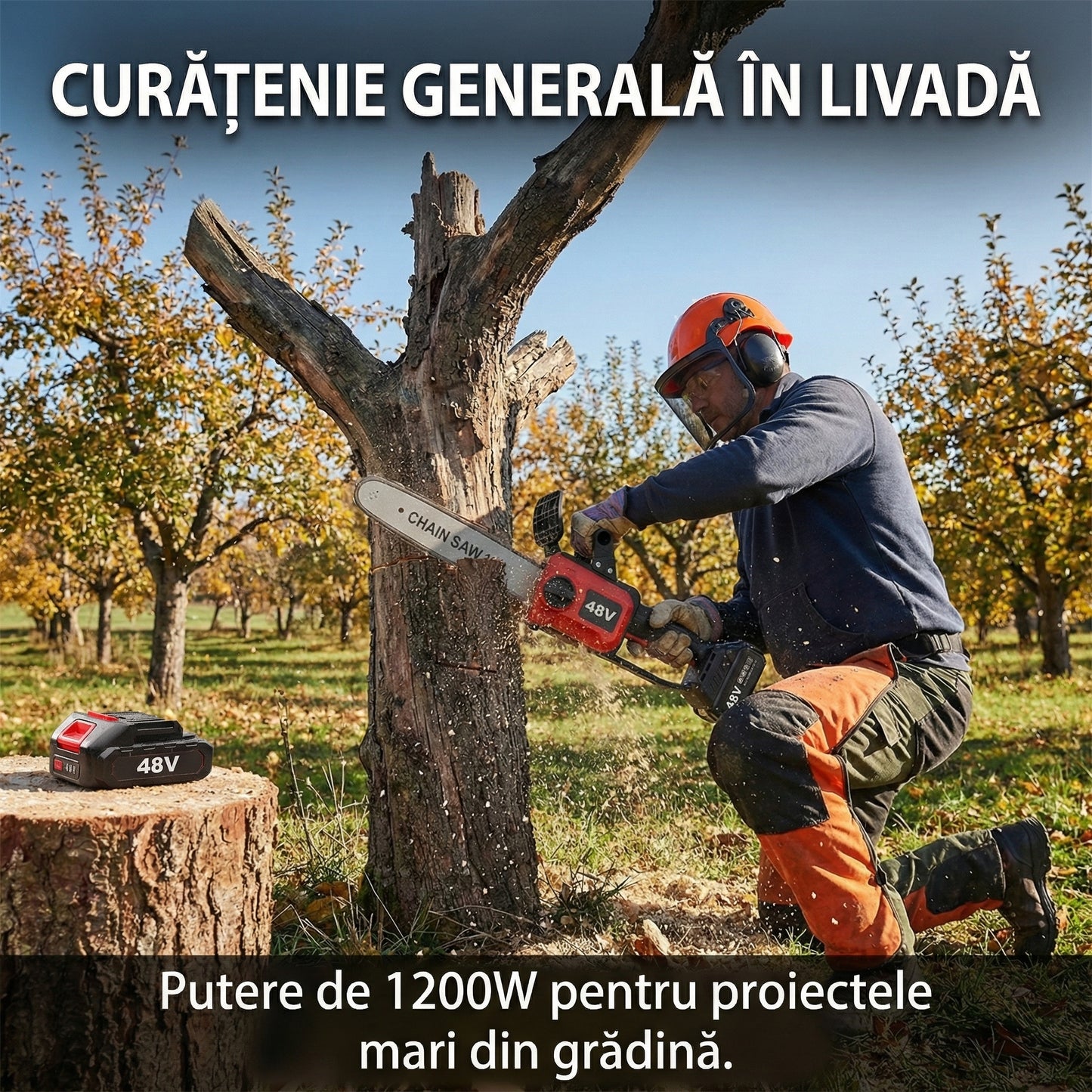 Motofierăstrău Electric 1200W cu 2 Acumulatori 48V - Lamă 30cm, Viteză 4200RPM