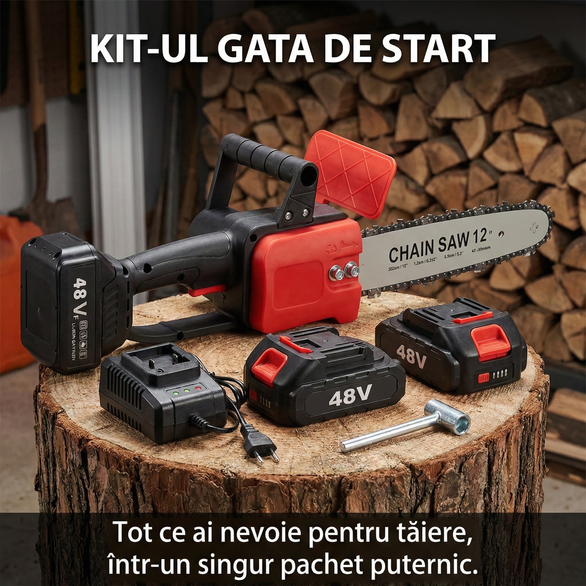 Motofierăstrău Electric 1200W cu 2 Acumulatori 48V - Lamă 30cm, Viteză 4200RPM