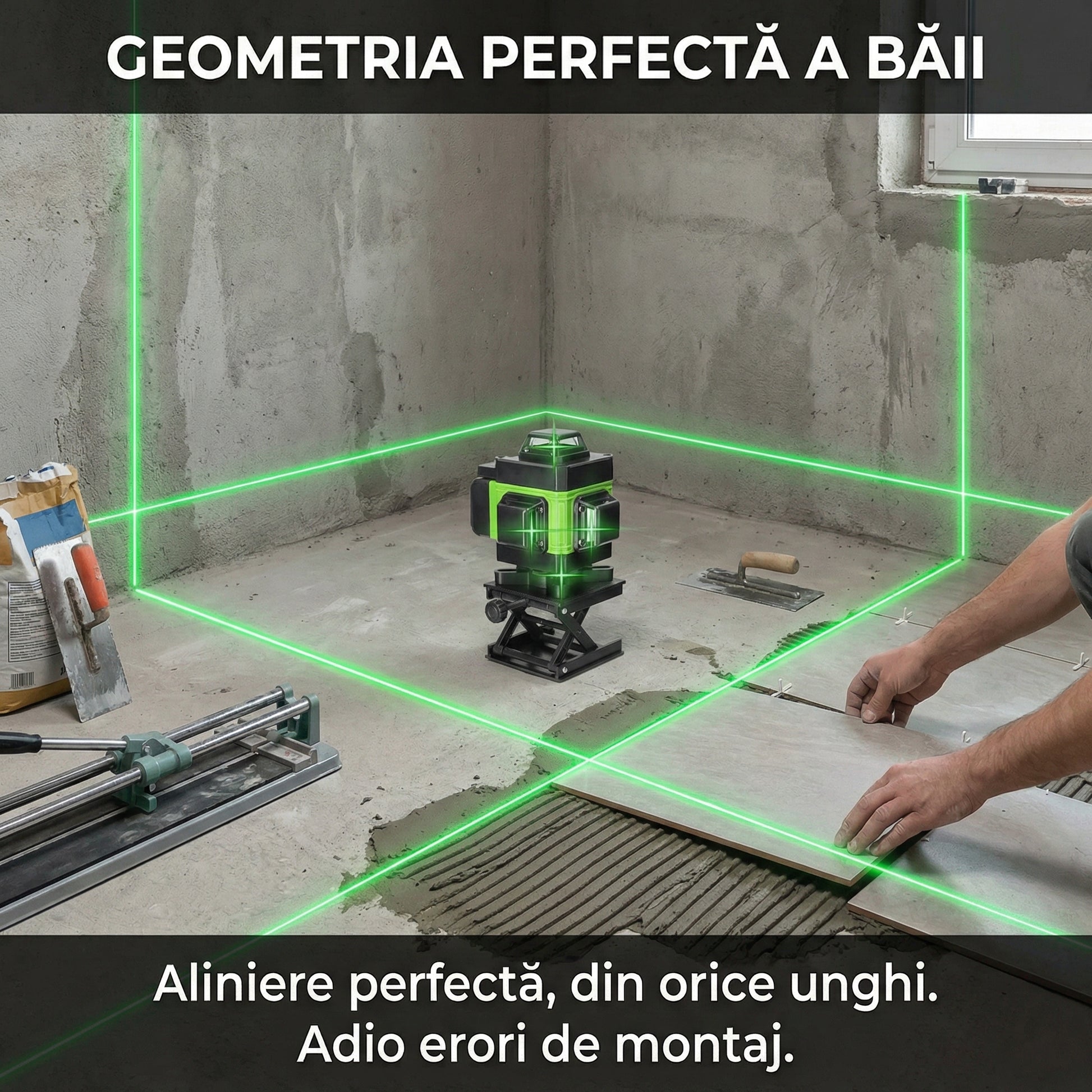 Nivelă Laser 4D Profesională cu 16 Linii (Verde) - Autonivelare, Control App & Trepied 150cm Inclus