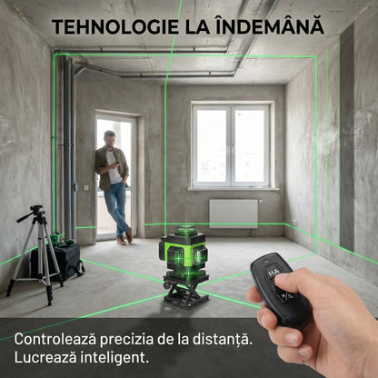 Nivelă Laser 4D Profesională cu 16 Linii (Verde) - Autonivelare, Control App & Trepied 150cm Inclus