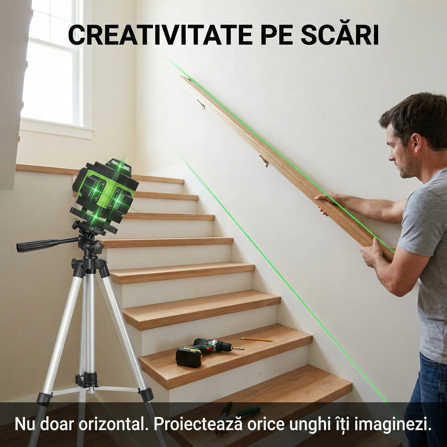 Nivelă Laser 4D Profesională cu 16 Linii (Verde) - Autonivelare, Control App & Trepied 150cm Inclus