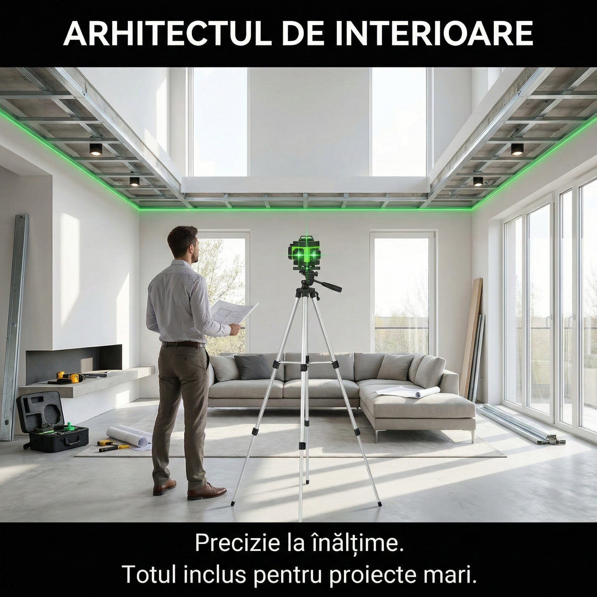 Nivelă Laser 4D Profesională cu 16 Linii (Verde) - Autonivelare, Control App & Trepied 150cm Inclus