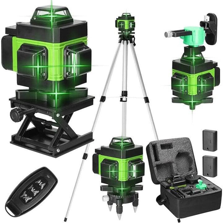 Nivelă Laser 4D Profesională cu 16 Linii (Verde) - Autonivelare, Control App & Trepied 150cm Inclus