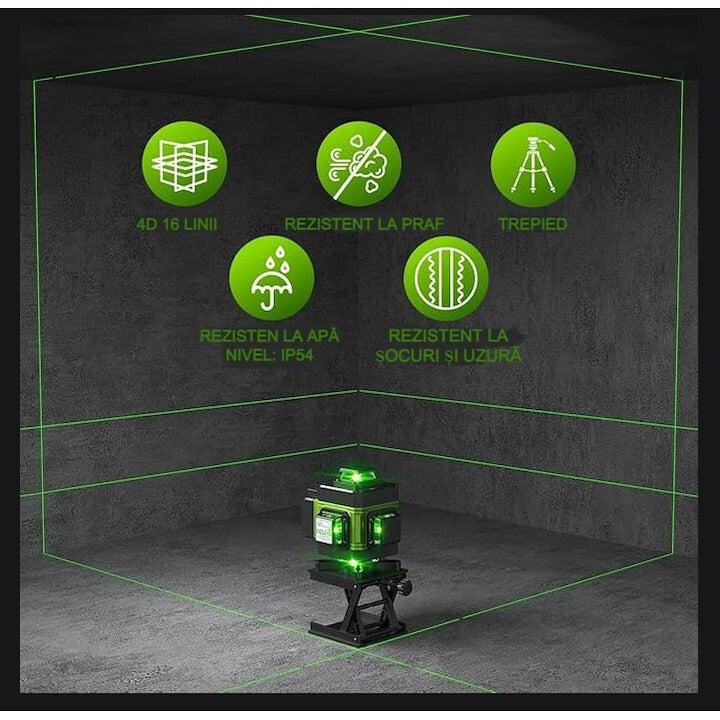 Nivela laser 4D cu 16 linii, autonivelare, telecomandă, lumina verde, trepied 150 cm, platformă de ridicare