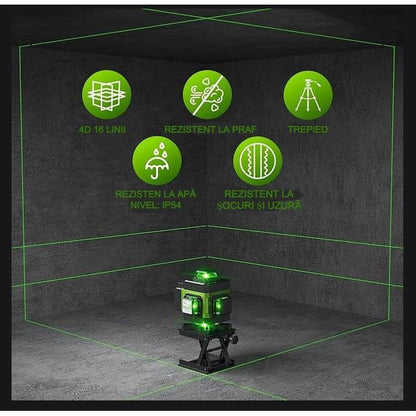 Nivela laser 4D cu 16 linii, autonivelare, telecomandă, lumina verde, trepied 150 cm, platformă de ridicare
