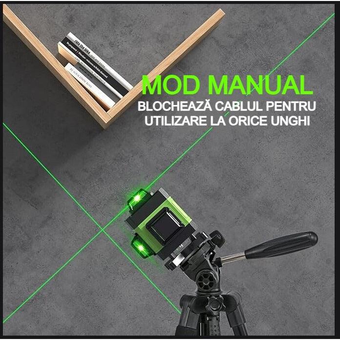 Nivela laser 4D cu 16 linii, autonivelare, telecomandă, lumina verde, trepied 150 cm, platformă de ridicare