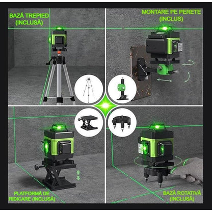 Nivela laser 4D cu 16 linii, autonivelare, telecomandă, lumina verde, trepied 150 cm, platformă de ridicare