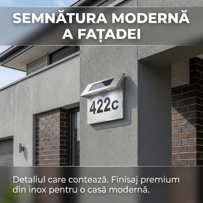 Număr de Casă Solar din Inox cu Iluminare LED, Design Modern, Vizibilitate Nocturnă, Set Cifre și Litere Inclus