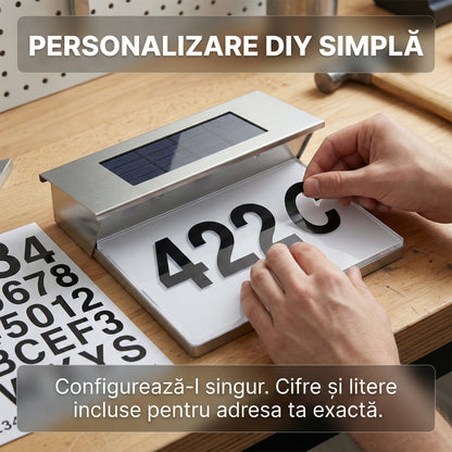 Număr de Casă Solar din Inox cu Iluminare LED, Design Modern, Vizibilitate Nocturnă, Set Cifre și Litere Inclus