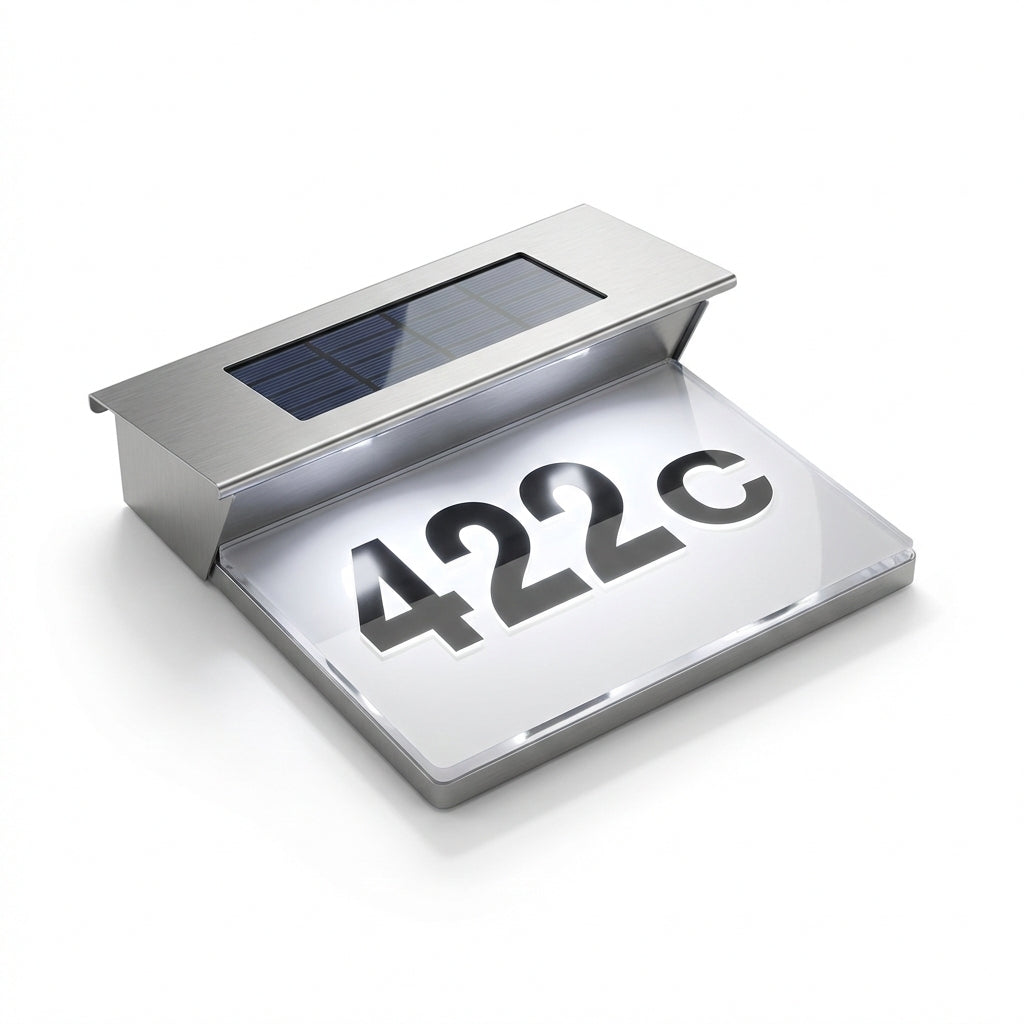 Număr de Casă Solar din Inox cu Iluminare LED, Design Modern, Vizibilitate Nocturnă, Set Cifre și Litere Inclus