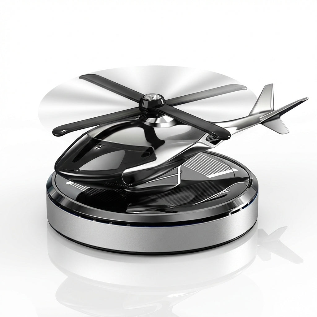Odorizant Auto Solar Elicopter cu Elice Rotativă, Aromaterapie, Bază Antiderapantă, Ulei Esențial Inclus, Argintiu