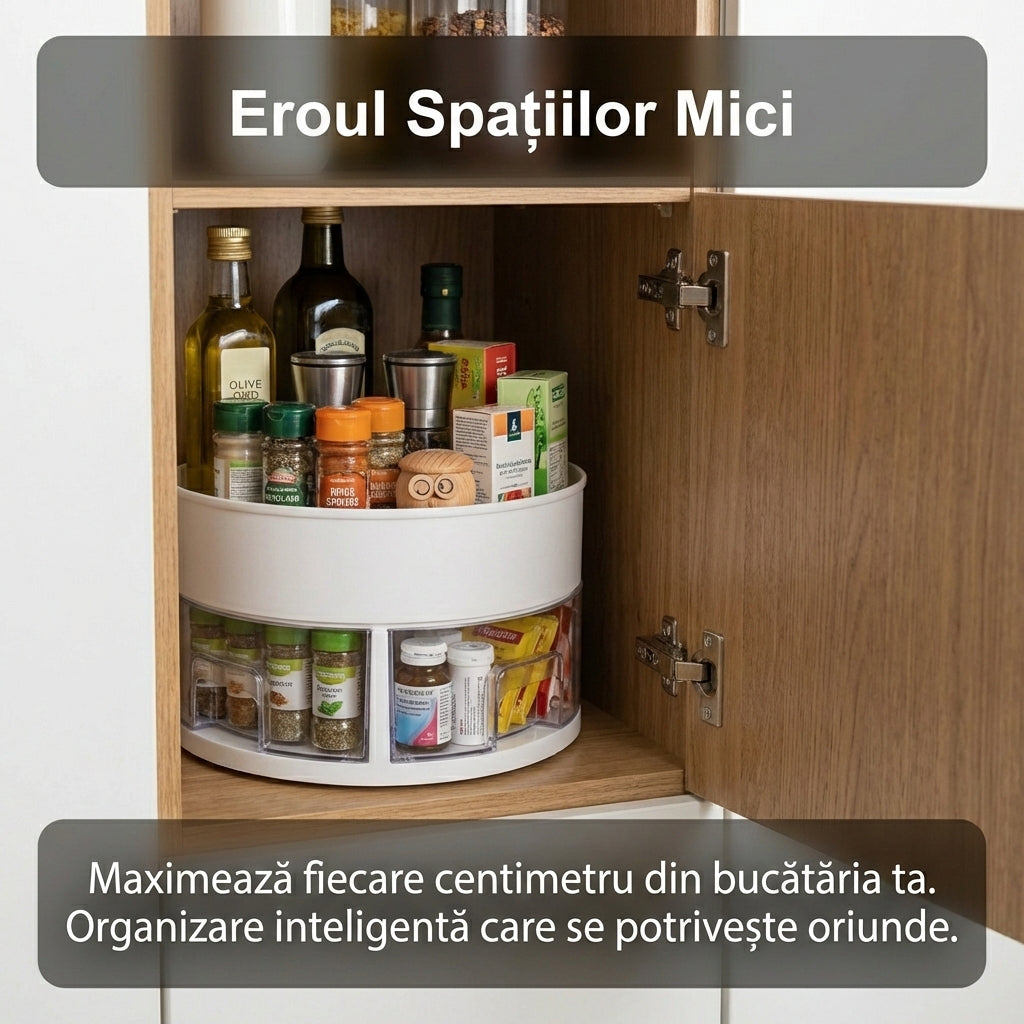 Organizator Rotativ pentru Bucătărie, 4 Sertare pentru Condimente, 4 Lingurițe Incluse, Design Compact 13x22.5 cm, Alb/Transparent