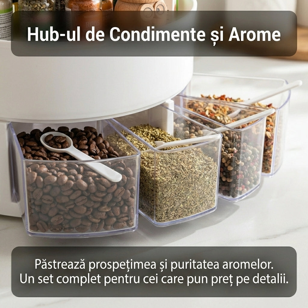 Organizator Rotativ pentru Bucătărie, 4 Sertare pentru Condimente, 4 Lingurițe Incluse, Design Compact 13x22.5 cm, Alb/Transparent