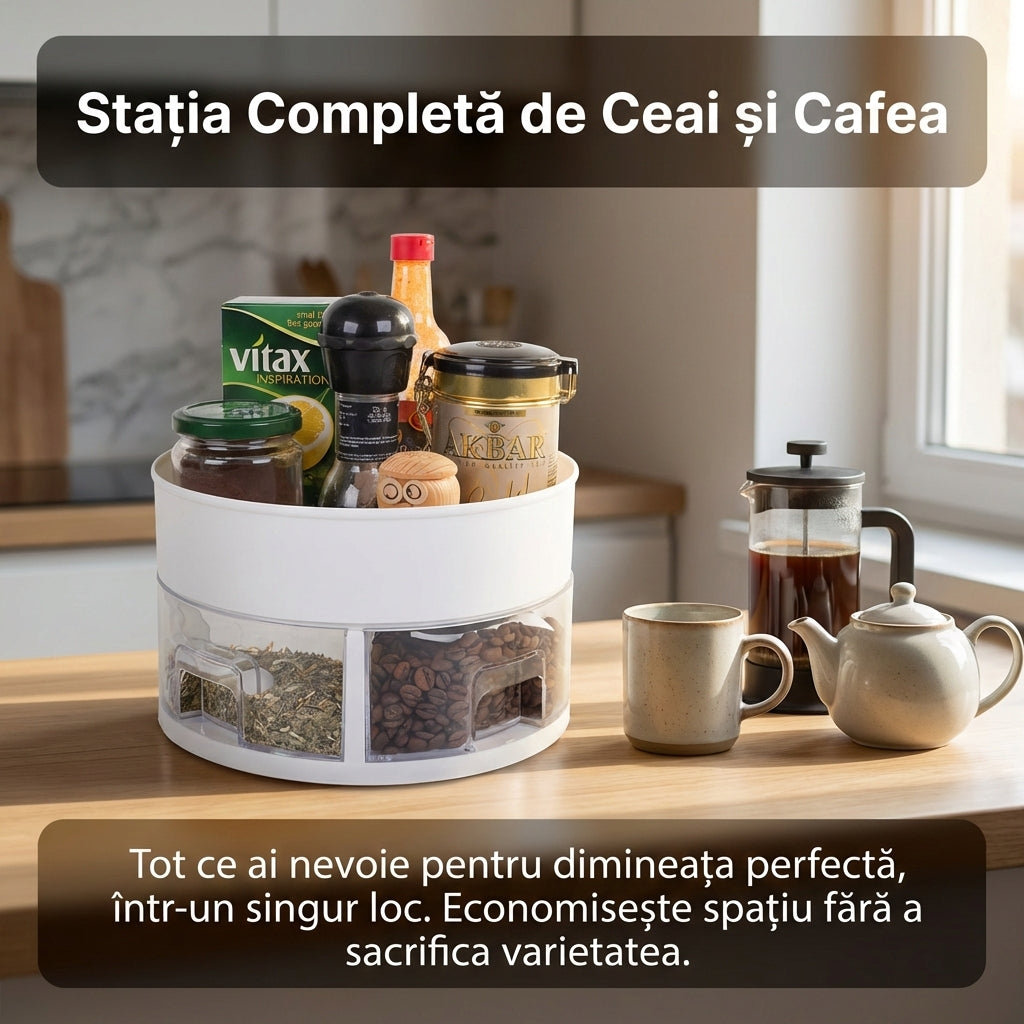 Organizator Rotativ pentru Bucătărie, 4 Sertare pentru Condimente, 4 Lingurițe Incluse, Design Compact 13x22.5 cm, Alb/Transparent