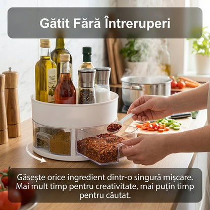 Organizator Rotativ pentru Bucătărie, 4 Sertare pentru Condimente, 4 Lingurițe Incluse, Design Compact 13x22.5 cm, Alb/Transparent