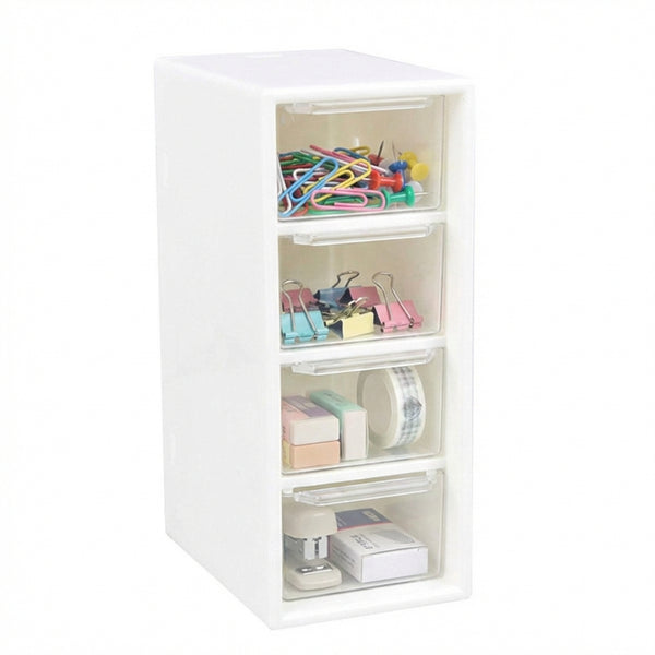 Organizator de Birou cu 4 Sertare Transparente, Cutie Depozitare Cosmetice și Accesorii, Alb, Compact