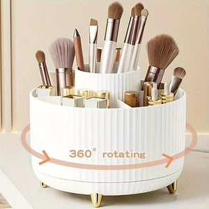 Organizator rotativ 360° pentru machiaj - Cutie de depozitare din plastic durabil pentru cosmetice cu 5 compartimente - Suport multifuncțional pentru organizarea biroului pentru pensule, rujuri, produse de îngrijire a pielii și articole de papetărie - Des