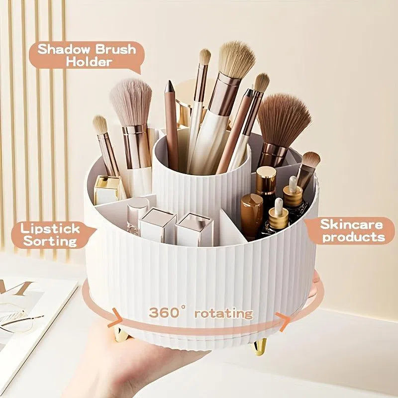 Organizator rotativ 360° pentru machiaj - Cutie de depozitare din plastic durabil pentru cosmetice cu 5 compartimente - Suport multifuncțional pentru organizarea biroului pentru pensule, rujuri, produse de îngrijire a pielii și articole de papetărie - Des