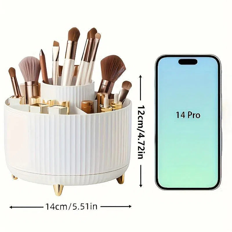 Organizator rotativ 360° pentru machiaj - Cutie de depozitare din plastic durabil pentru cosmetice cu 5 compartimente - Suport multifuncțional pentru organizarea biroului pentru pensule, rujuri, produse de îngrijire a pielii și articole de papetărie - Des