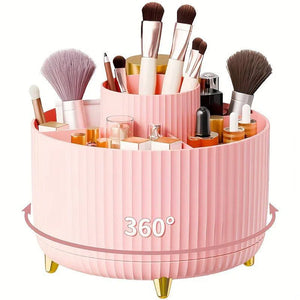 Organizator rotativ 360° pentru machiaj - Cutie de depozitare din plastic durabil pentru cosmetice cu 5 compartimente - Suport multifuncțional pentru organizarea biroului pentru pensule, rujuri, produse de îngrijire a pielii și articole de papetărie - Des