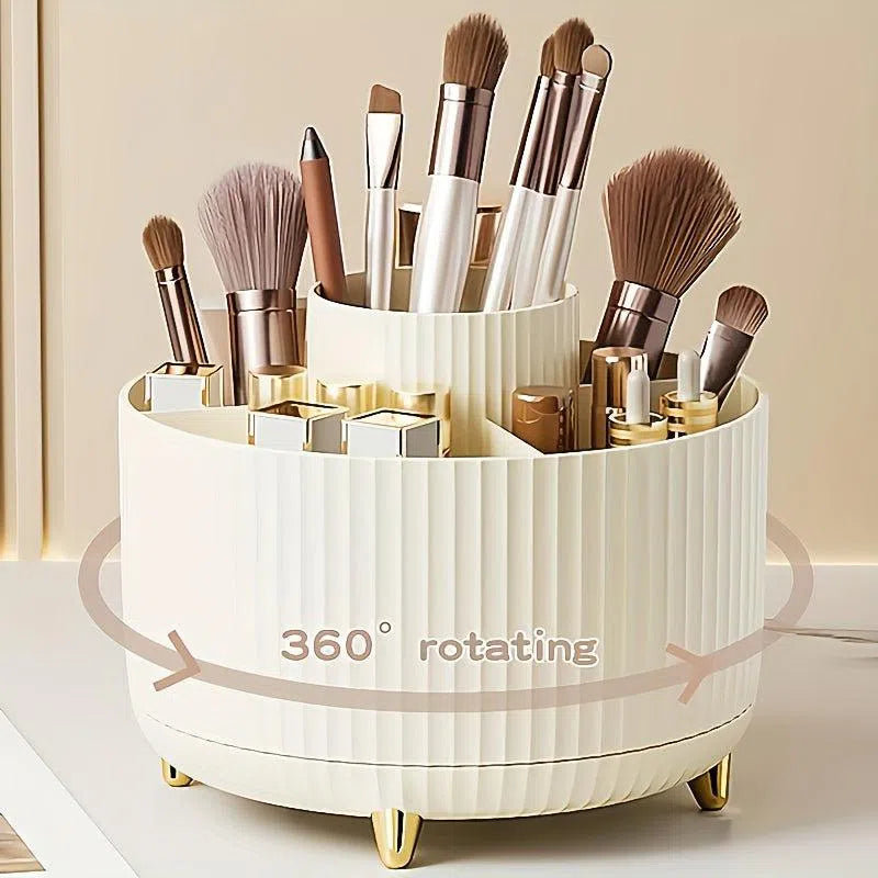 Organizator rotativ 360° pentru machiaj - Cutie de depozitare din plastic durabil pentru cosmetice cu 5 compartimente - Suport multifuncțional pentru organizarea biroului pentru pensule, rujuri, produse de îngrijire a pielii și articole de papetărie - Des