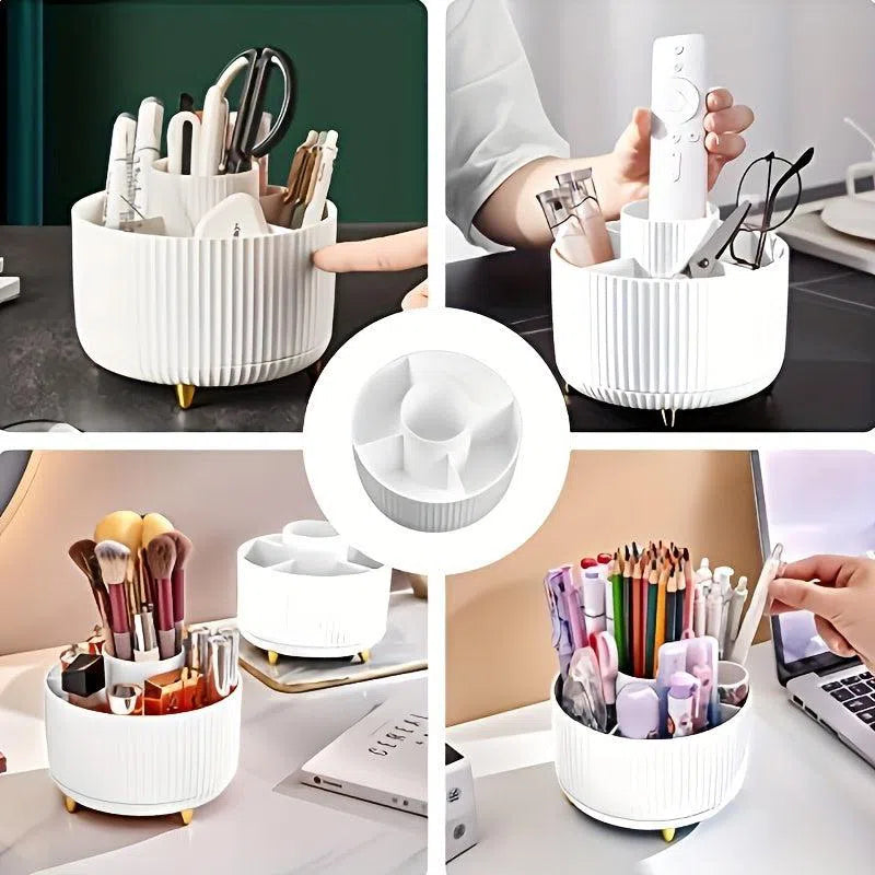 Organizator rotativ 360° pentru machiaj - Cutie de depozitare din plastic durabil pentru cosmetice cu 5 compartimente - Suport multifuncțional pentru organizarea biroului pentru pensule, rujuri, produse de îngrijire a pielii și articole de papetărie - Des