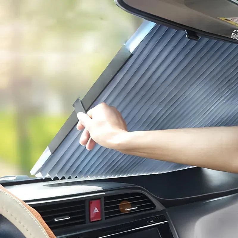 Parasolar auto-retractabil din material ABS durabil pentru parbriz – izolație termică și protecție UV