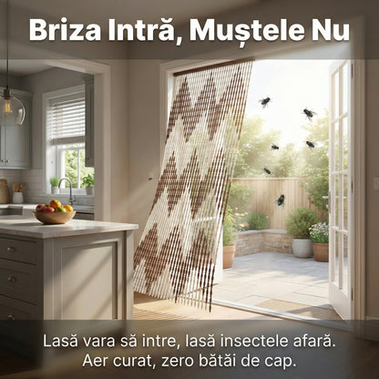 Perdea de Ușă Anti-Muște din PVC, 90x200 cm, Model Zig-Zag Bej/Maro, Rezistentă la Exterior, Bară de Prindere Inclusă