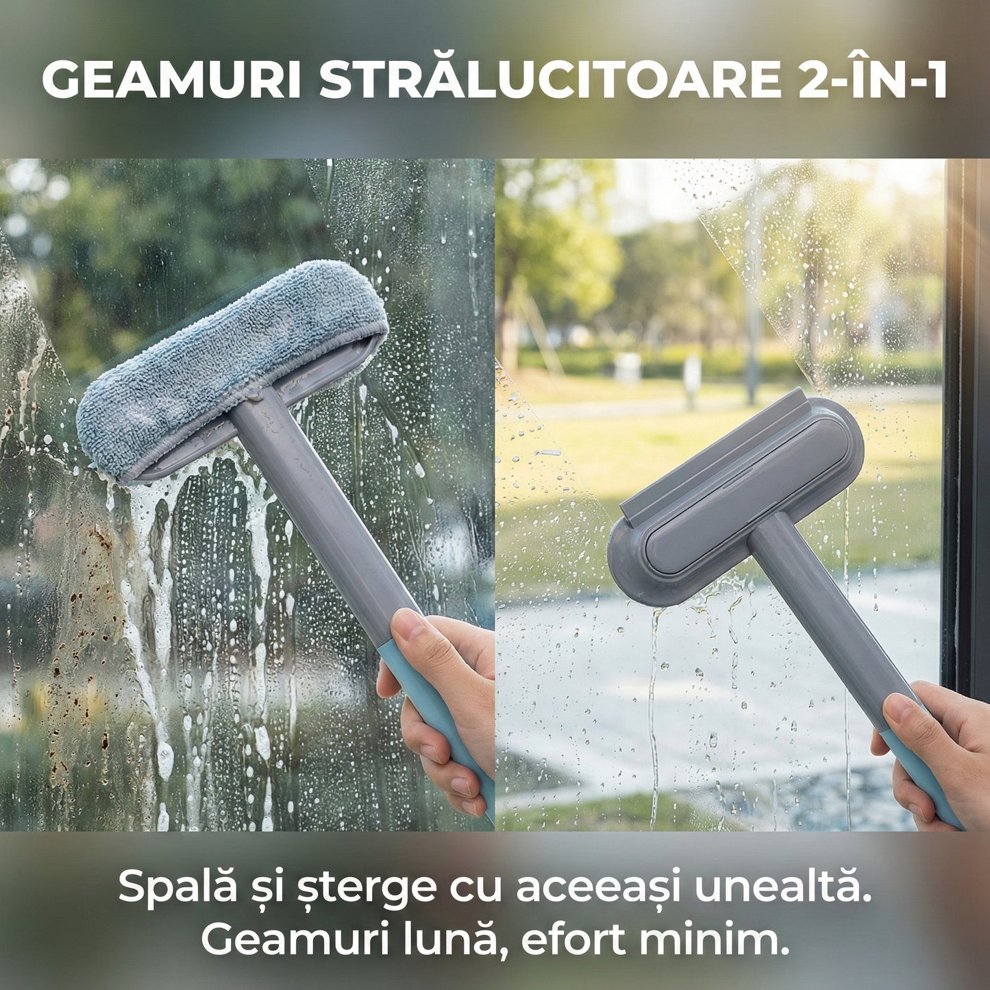 Perie Multifuncțională 4-în-1 pentru Curățare Geamuri și Plase, Racletă Inclusă, Dispozitiv Îndepărtare Păr Animale, Mâner Detașabil