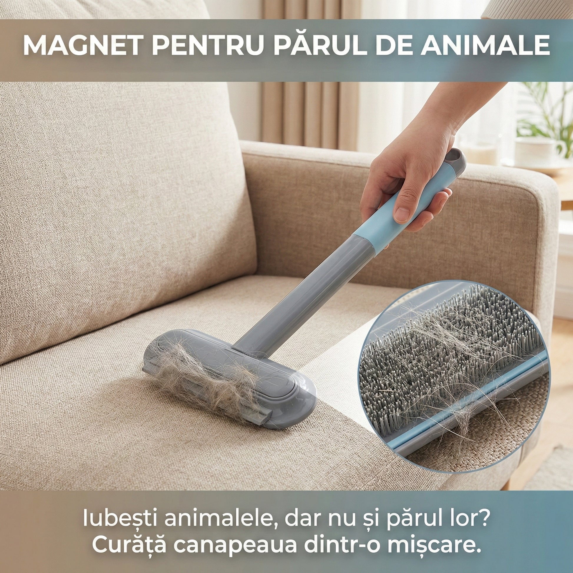 Perie Multifuncțională 4-în-1 pentru Curățare Geamuri și Plase, Racletă Inclusă, Dispozitiv Îndepărtare Păr Animale, Mâner Detașabil