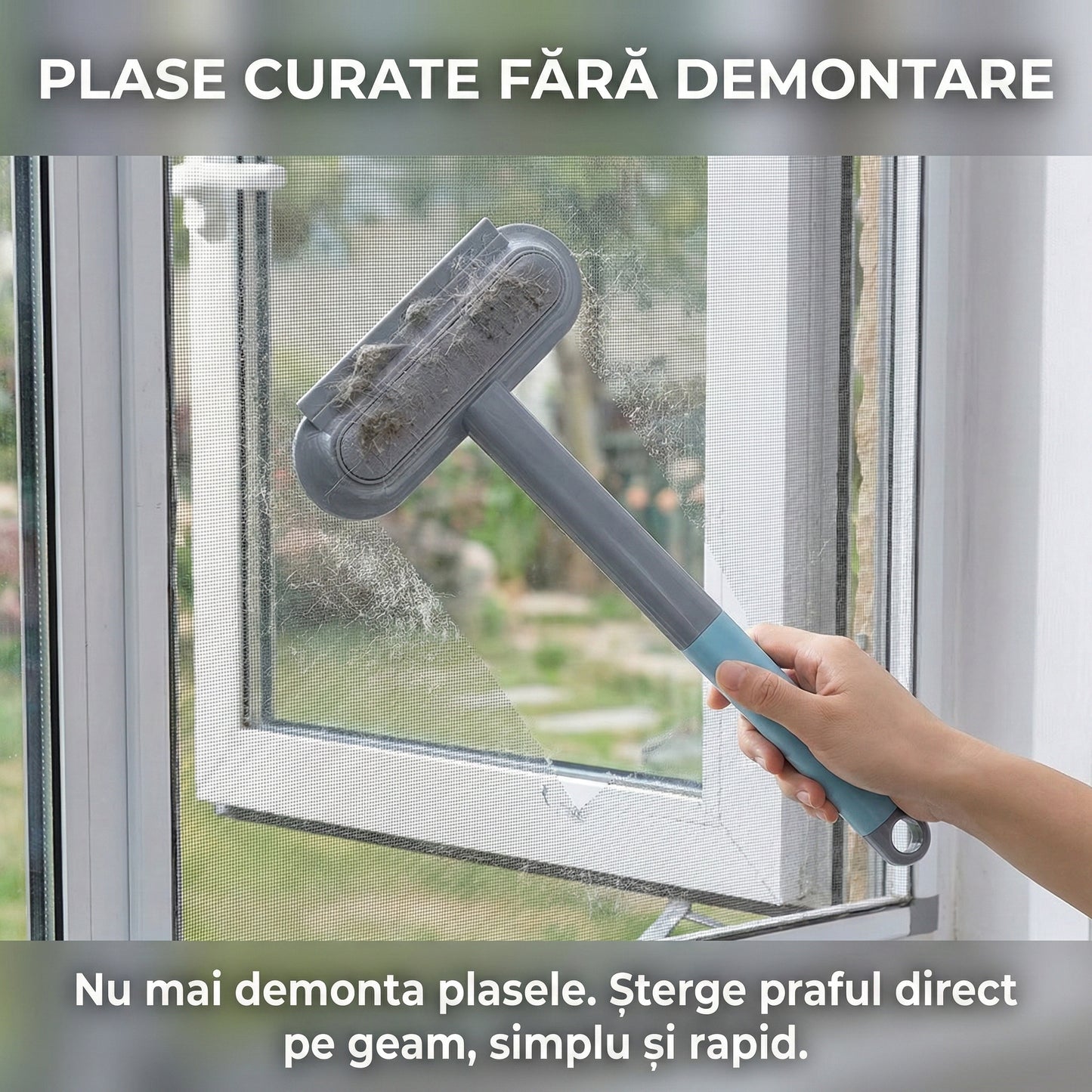 Perie Multifuncțională 4-în-1 pentru Curățare Geamuri și Plase, Racletă Inclusă, Dispozitiv Îndepărtare Păr Animale, Mâner Detașabil