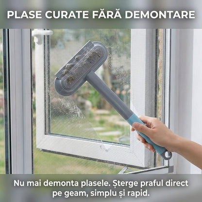 Perie Multifuncțională 4-în-1 pentru Curățare Geamuri și Plase, Racletă Inclusă, Dispozitiv Îndepărtare Păr Animale, Mâner Detașabil