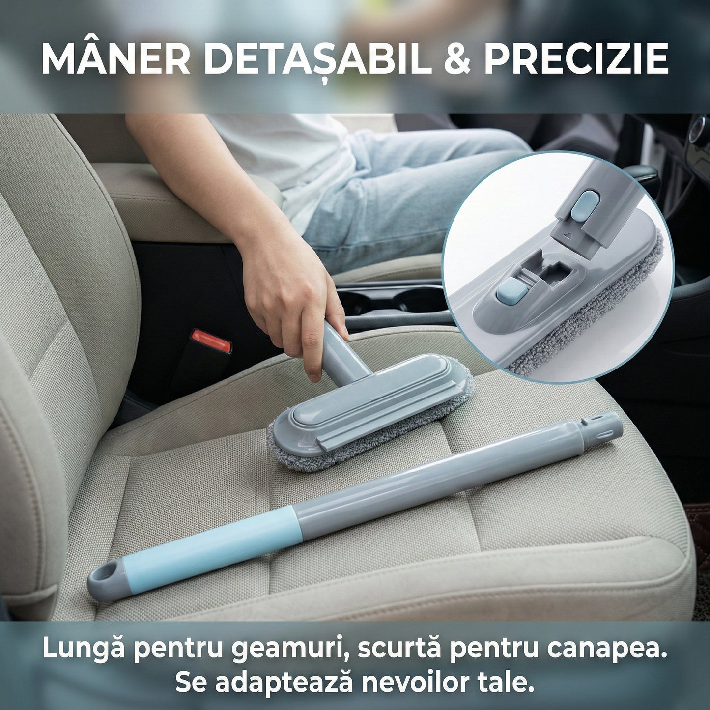 Perie Multifuncțională 4-în-1 pentru Curățare Geamuri și Plase, Racletă Inclusă, Dispozitiv Îndepărtare Păr Animale, Mâner Detașabil