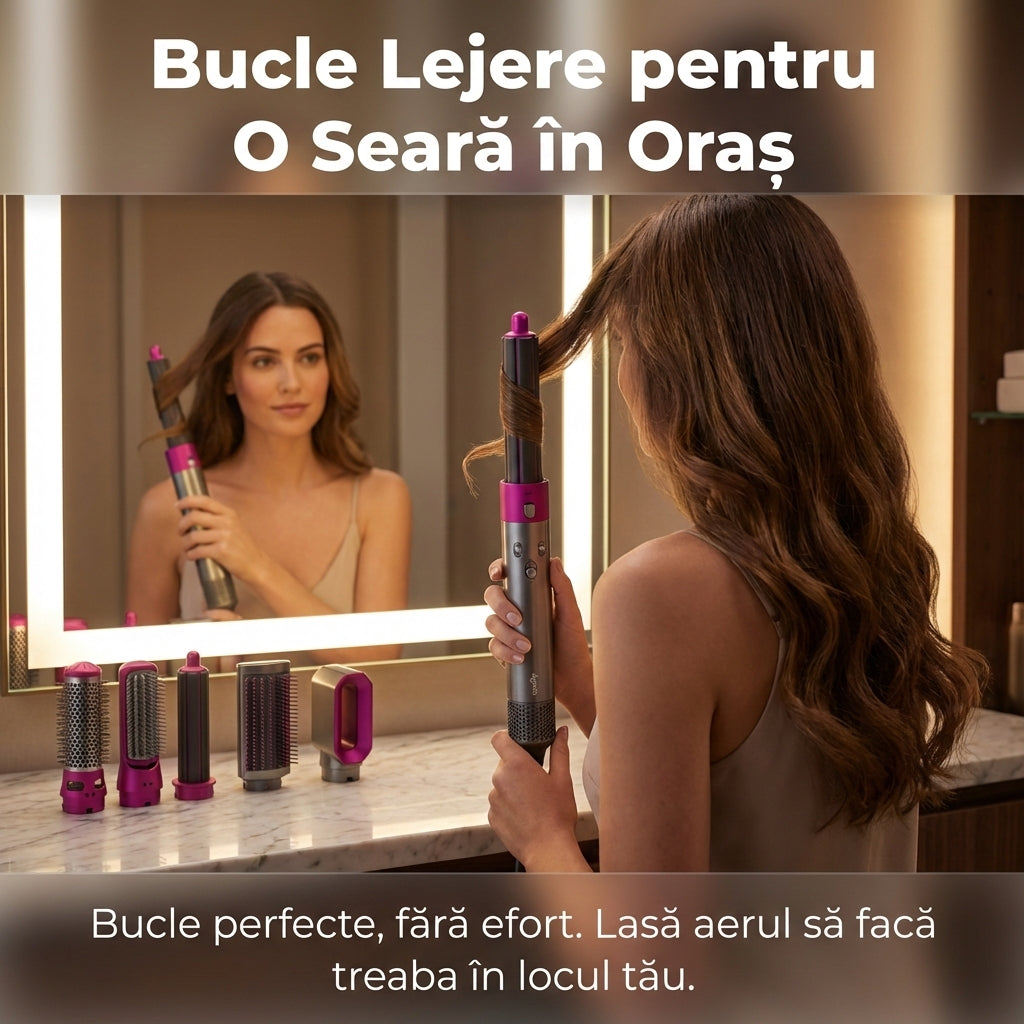 Perie de Păr Electrică Multifuncțională 5 în 1 Hot Air Styler, 1000W, Ondulator și Uscător cu Înveliș Ceramic, Gri/Roz