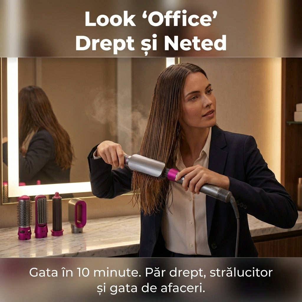 Perie de Păr Electrică Multifuncțională 5 în 1 Hot Air Styler, 1000W, Ondulator și Uscător cu Înveliș Ceramic, Gri/Roz