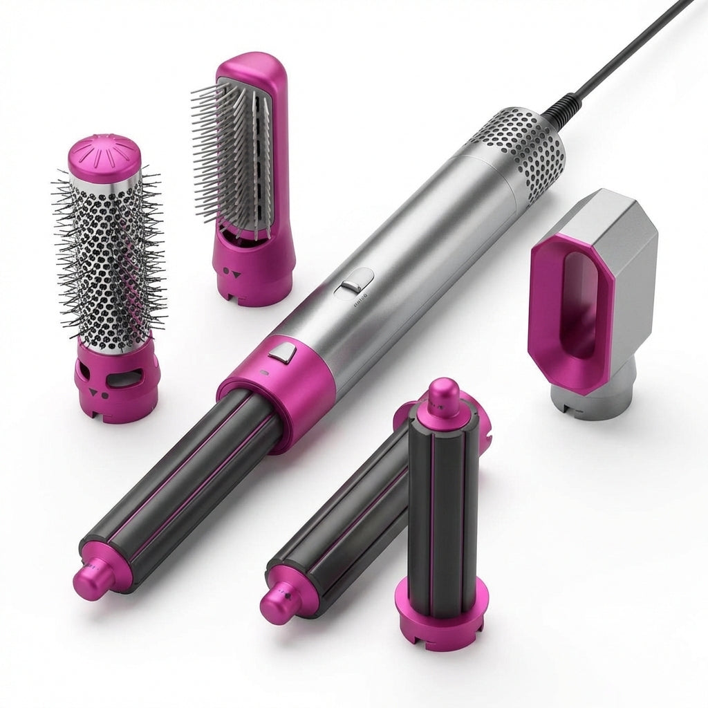 Perie de Păr Electrică Multifuncțională 5 în 1 Hot Air Styler, 1000W, Ondulator și Uscător cu Înveliș Ceramic, Gri/Roz