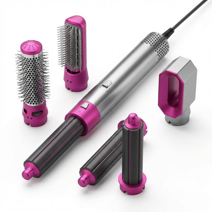 Perie de Păr Electrică Multifuncțională 5 în 1 Hot Air Styler, 1000W, Ondulator și Uscător cu Înveliș Ceramic, Gri/Roz