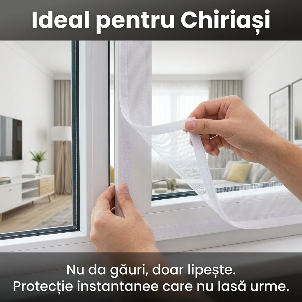 Plasă Autoadezivă Anti-Insecte pentru Geam 50x115 cm, Poliester Transparent, Montare Fără Găuri cu Bandă Velcro, Alb