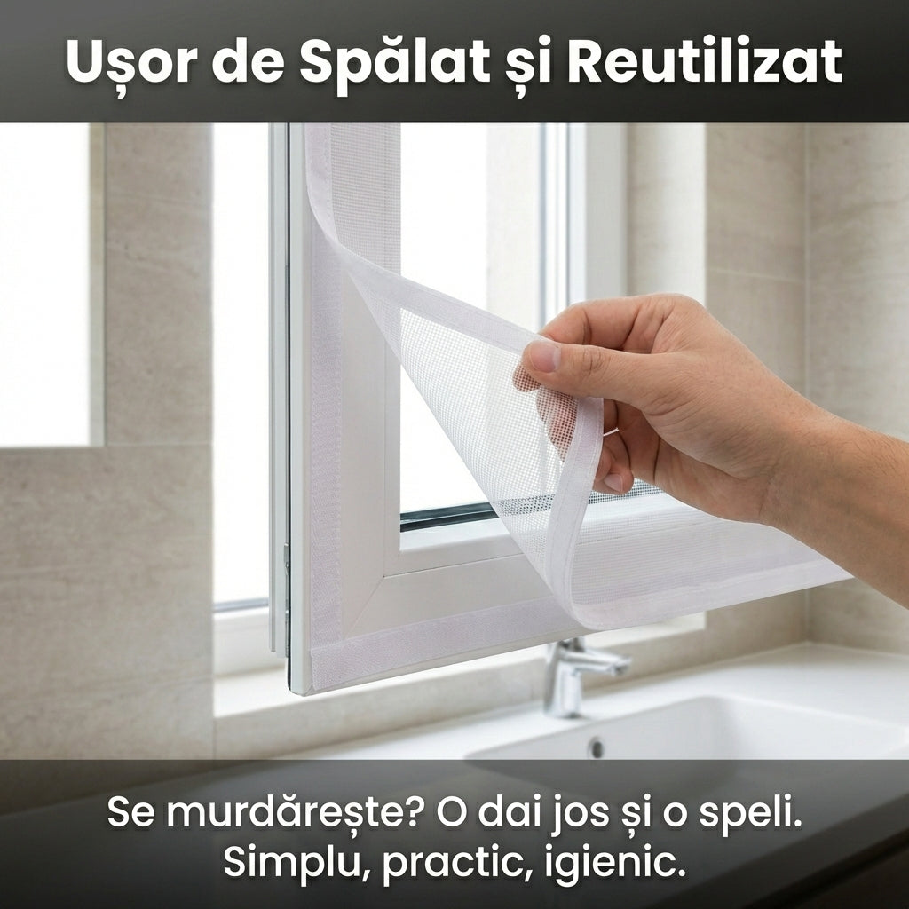 Plasă Autoadezivă Anti-Insecte pentru Geam 50x115 cm, Poliester Transparent, Montare Fără Găuri cu Bandă Velcro, Alb
