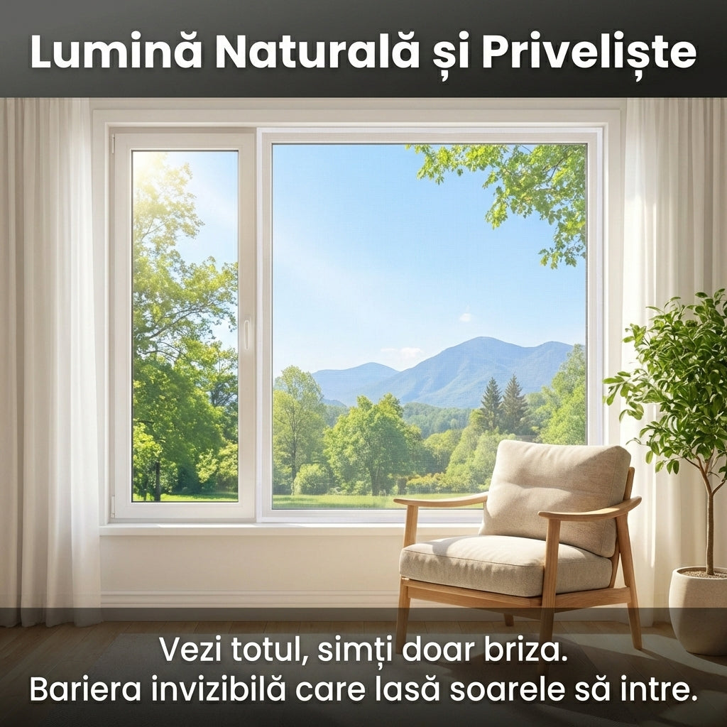 Plasă Autoadezivă Anti-Insecte pentru Geam 50x115 cm, Poliester Transparent, Montare Fără Găuri cu Bandă Velcro, Alb