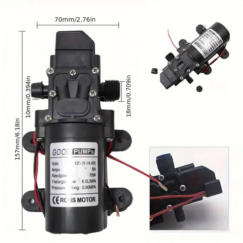 Pompă de Apă cu Diafragmă 130PSI – 12V Autoamorsare cu Comutator Automat, Instalare Ușoară, Ideală pentru Rulote, Bărci și Grădini