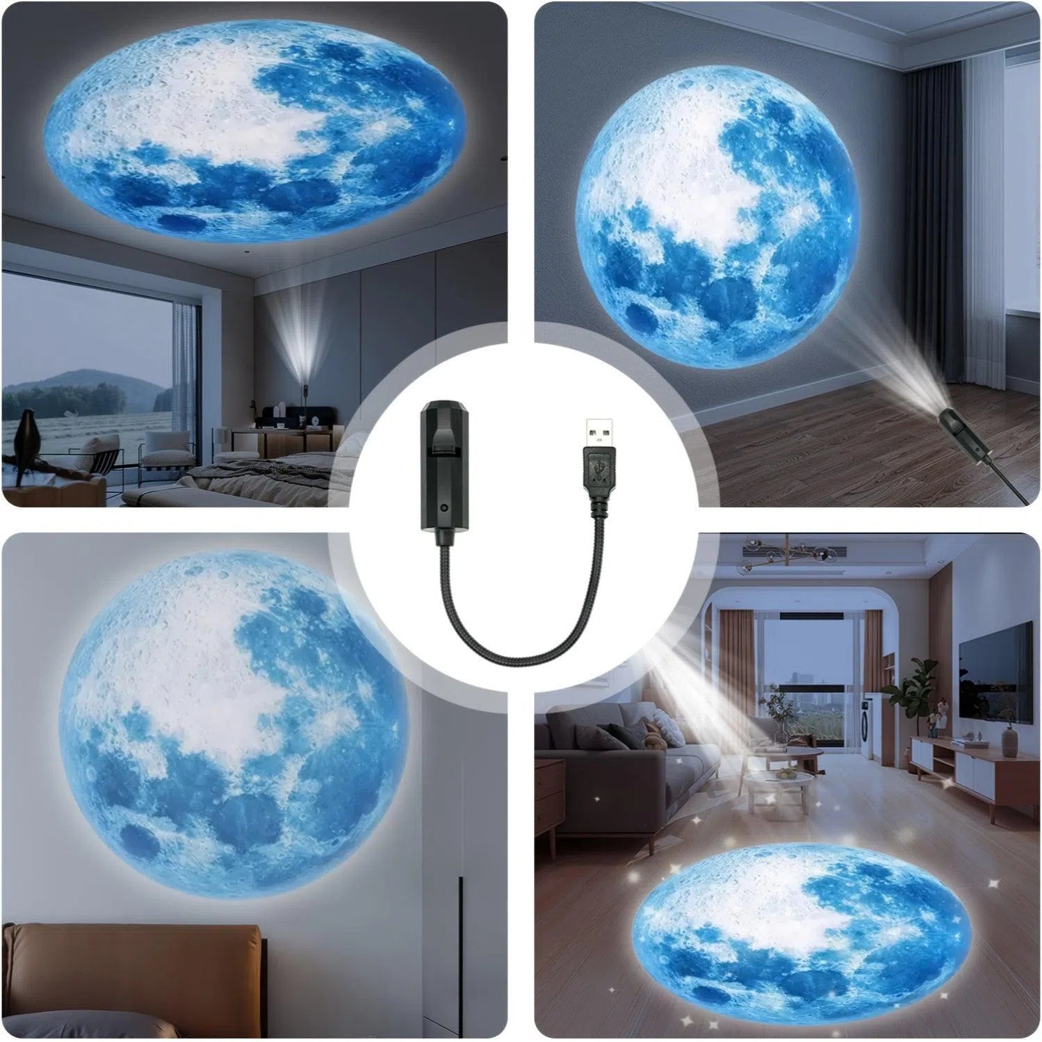 Proiector LED Globă Lună Albastră - Lumină Reglabilă 360°, Lampă de Proiecție Atmosferică, USB pentru Decor Acasă